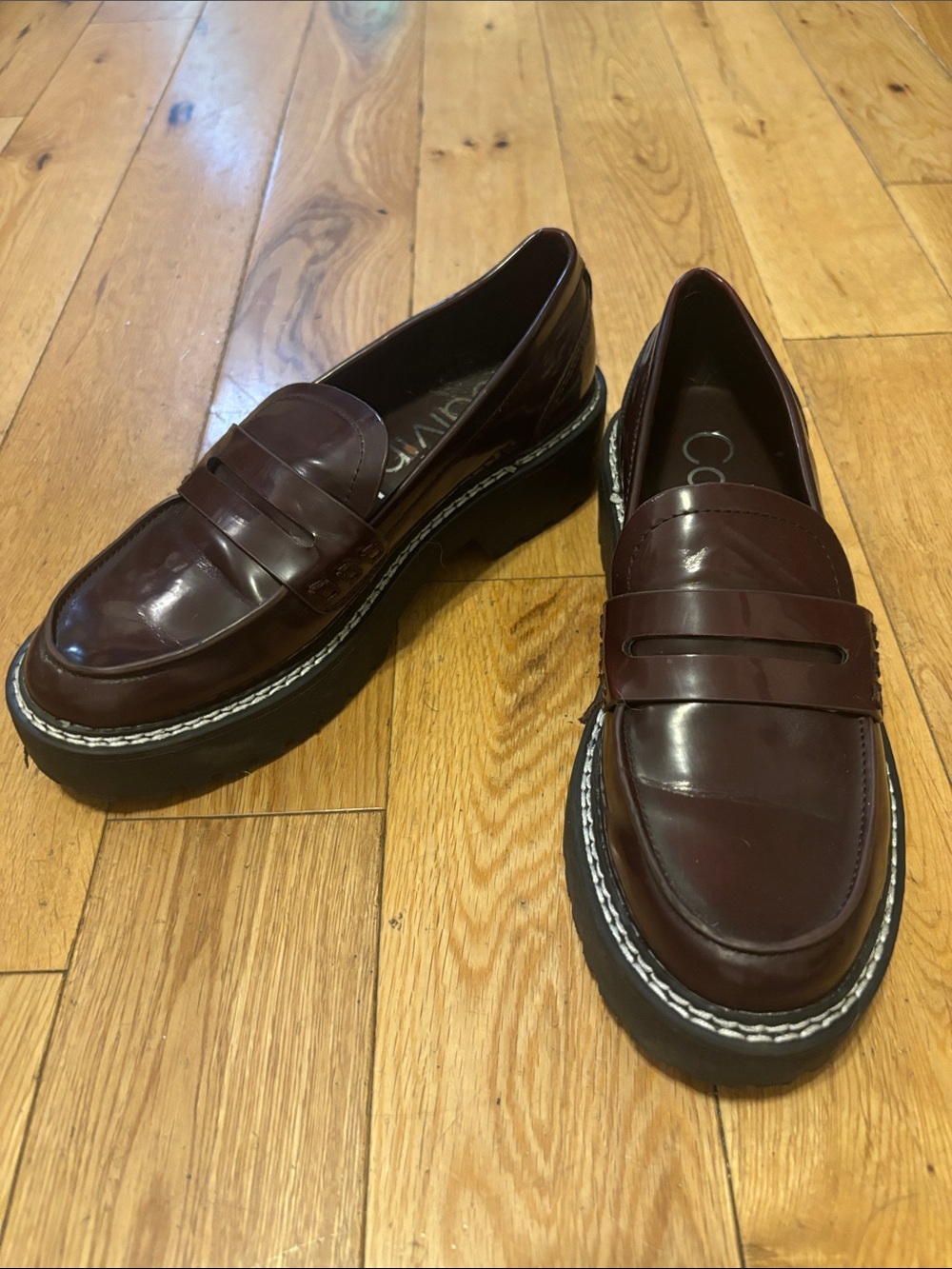 Calvin Klein Burgundy Vegan Leather Penny Loafers with Lug Sole